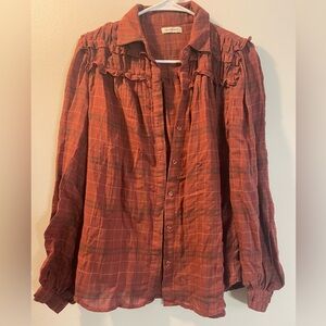 Max Studio Rust Plaid Ruffle Yoke Button-Up Blouse